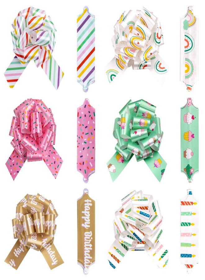 LeZakaa 12PCS Birthday Pull Bows with Ribbon - Cupcake, Rainbow and Candles Design - Perfect for Gift Wrapping, Florist, Bouquet, Basket - Image 1